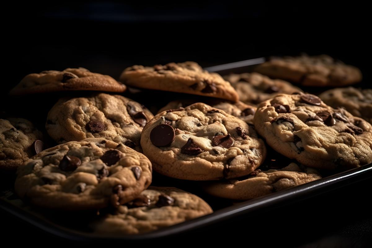 A tray of fresh-baked chocolate chip cookies, macro close-up, black background, realism, hd, 35mm photograph, sharp, sharpened, 8k picture