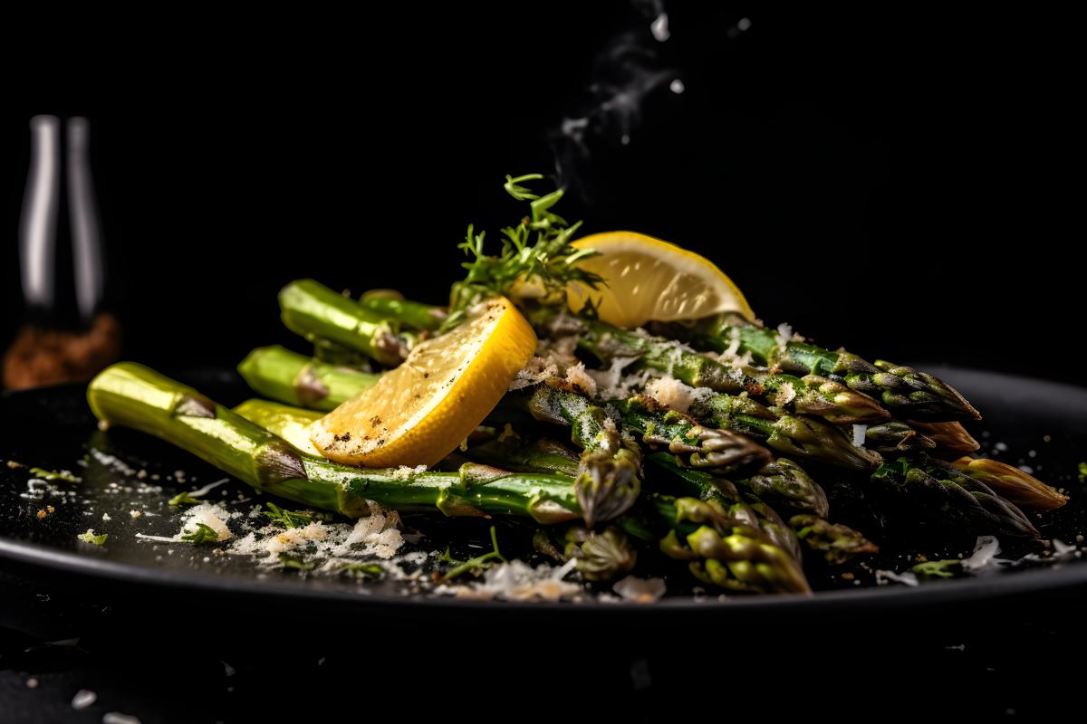 A plate of grilled asparagus with lemon and parmesan, macro close-up, black background, realism, hd, 35mm photograph, sharp, sharpened, 8k picture
