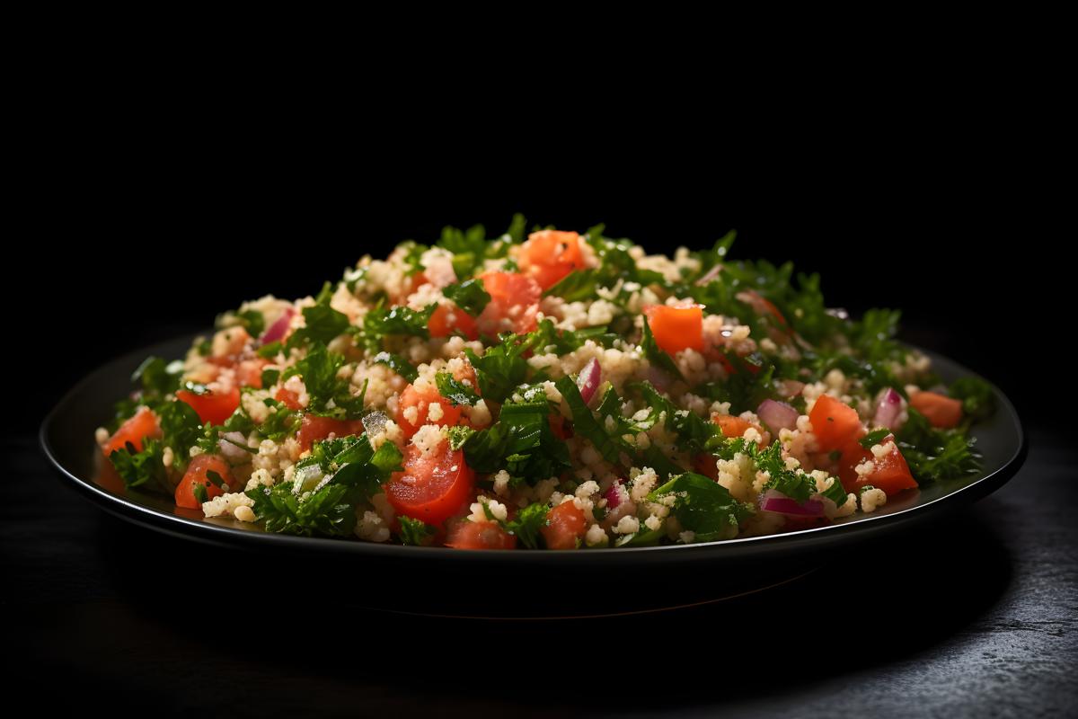 A platter of Mediterranean-style tabbouleh salad, macro close-up, black background, realism, hd, 35mm photograph, sharp, sharpened, 8k picture