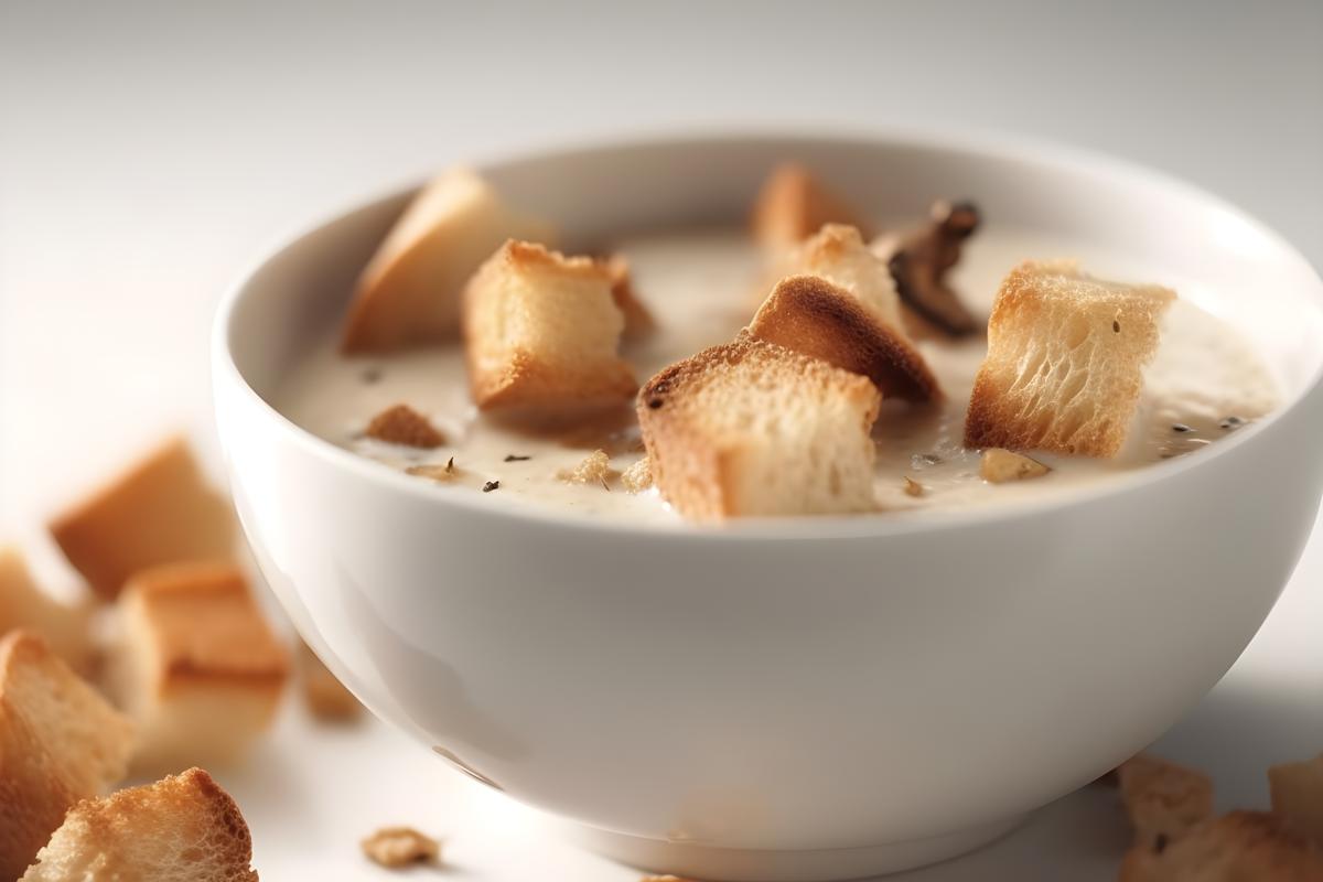 A pot of creamy mushroom soup with croutons, close-up, white background, realism, hd, 35mm photograph, sharp, sharpened, 8k picture