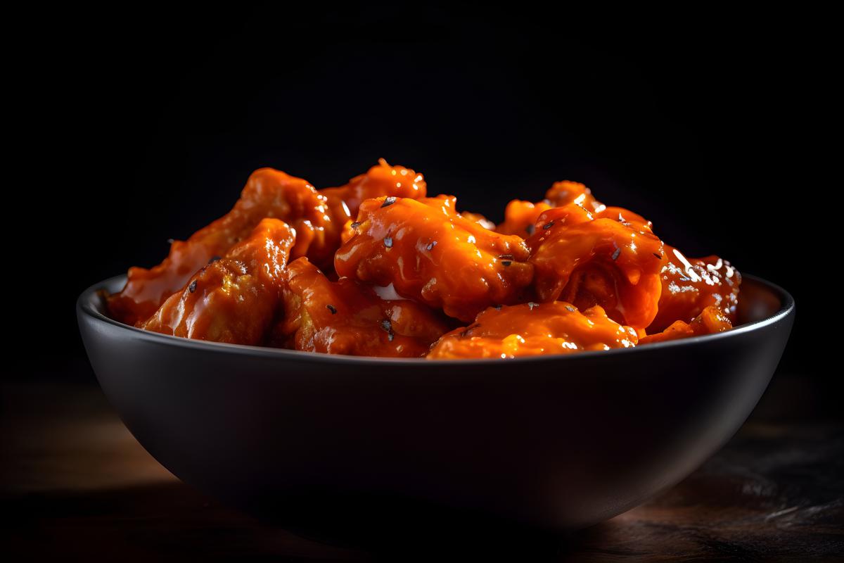 A bowl of hot and spicy buffalo wings, macro close-up, black background, realism, hd, 35mm photograph, sharp, sharpened, 8k picture