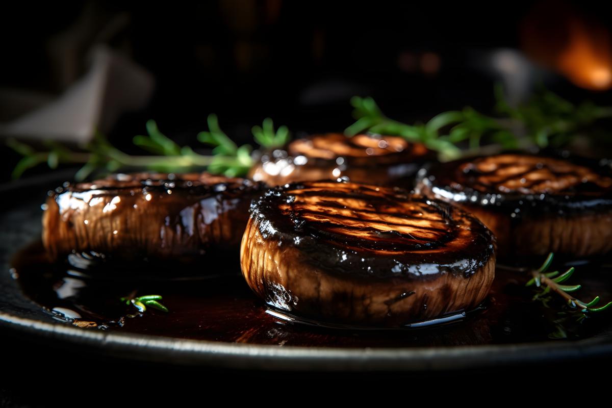 A plate of grilled portobello mushrooms with balsamic glaze, macro close-up, black background, realism, hd, 35mm photograph, sharp, sharpened, 8k picture