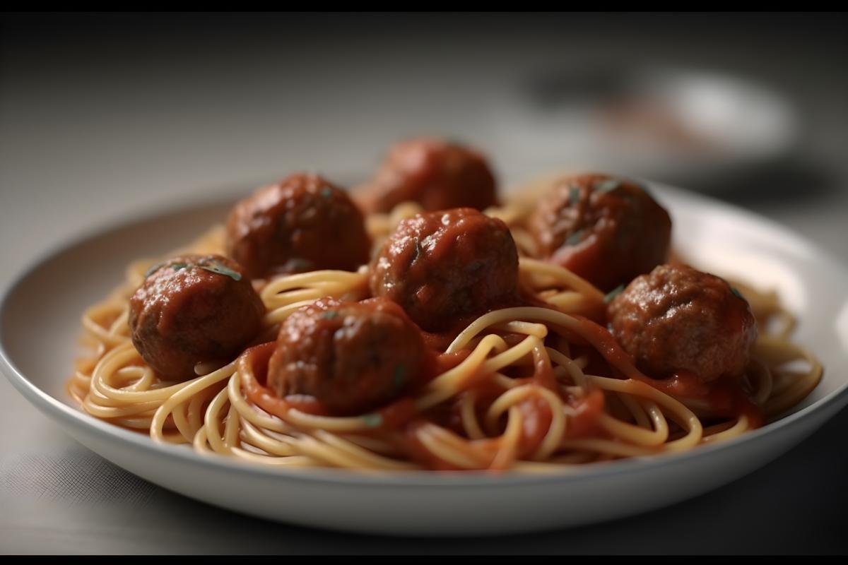 A plate of spaghetti and meatballs with tomato sauce, close-up, white background, realism, hd, 35mm photograph, sharp, sharpened, 8k picture