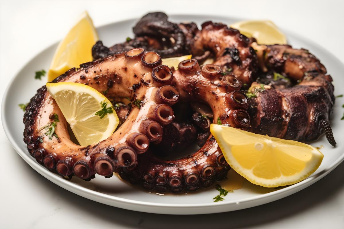 A plate of grilled octopus with lemon and garlic, close-up, white background, realism, hd, 35mm photograph, sharp, sharpened, 8k picture