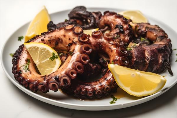 A plate of grilled octopus with lemon and garlic, close-up, white background, realism, hd, 35mm photograph, sharp, sharpened, 8k