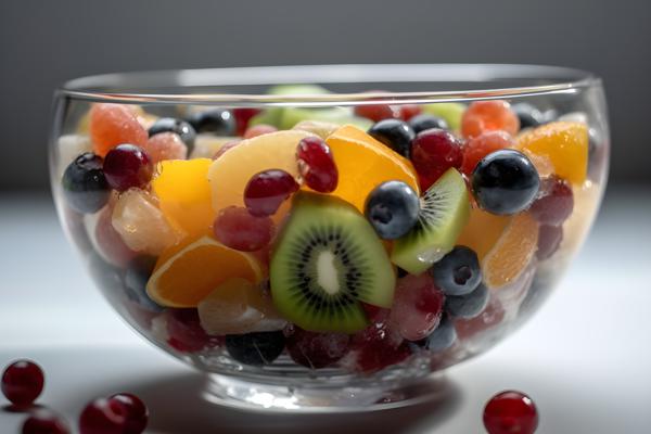 A colorful fruit salad in a glass bowl, close-up, white background, realism, hd, 35mm photograph, sharp, sharpened, 8k