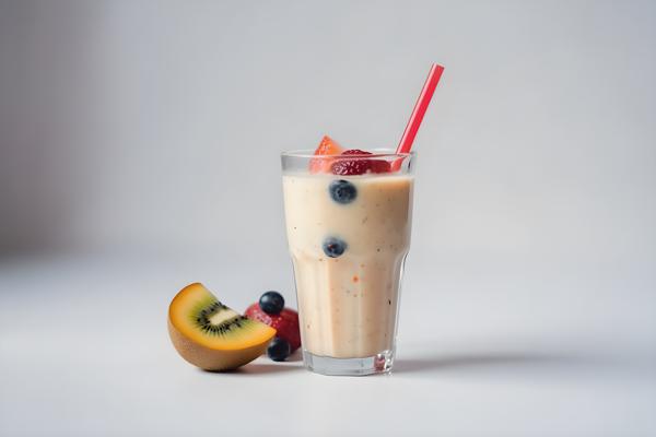 A refreshing fruit smoothie in a glass with a straw, close-up, white background, realism, hd, 35mm photograph, sharp, sharpened, 8k