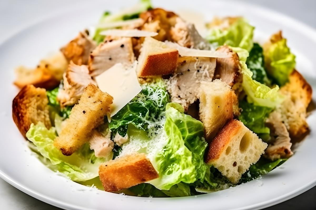 A plate of grilled chicken Caesar salad with croutons, close-up, white background, realism, hd, 35mm photograph, sharp, sharpened, 8k picture