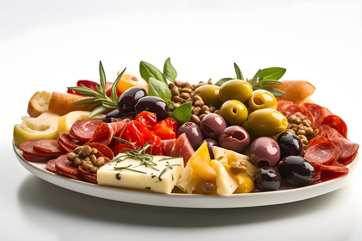 A platter of assorted antipasti with olives and cheese, close-up, white background, realism, hd, 35mm photograph, sharp, sharpened, 8k picture