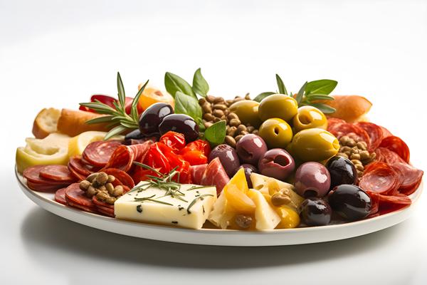 A platter of assorted antipasti with olives and cheese, close-up, white background, realism, hd, 35mm photograph, sharp, sharpened, 8k