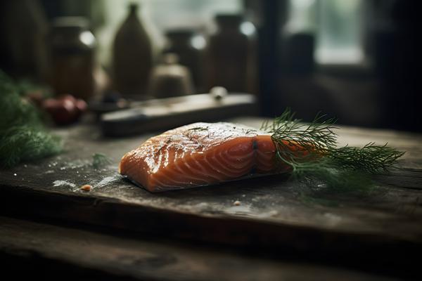 a piece of raw salmon and dill, sitting on a rustic style table realistic, realism, hd, 35mm photograph, sharp, sharpened, 8k