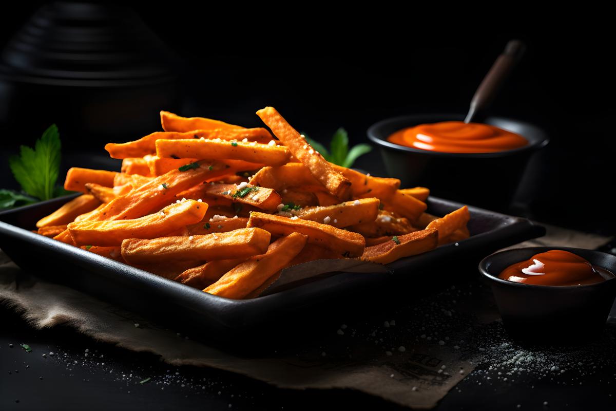 A tray of crispy sweet potato fries with dipping sauce, macro close-up, black background, realism, hd, 35mm photograph, sharp, sharpened, 8k picture