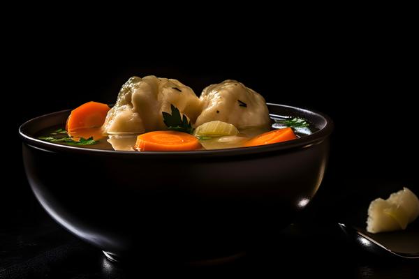 A bowl of hearty chicken and dumpling soup, macro close-up, black background, realism, hd, 35mm photograph, sharp, sharpened, 8k