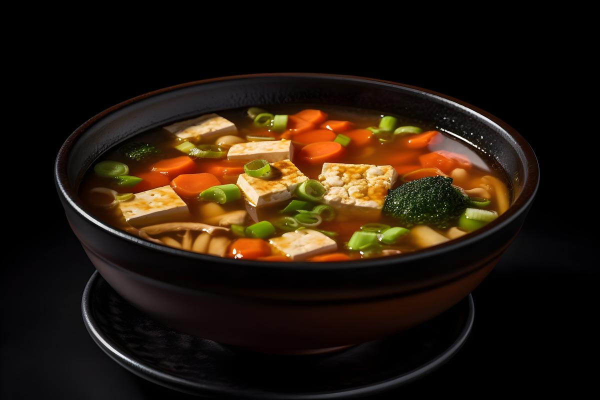 A bowl of hot and sour soup with tofu and vegetables, macro close-up, black background, realism, hd, 35mm photograph, sharp, sharpened, 8k picture