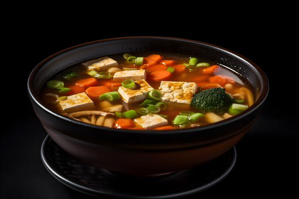 A bowl of hot and sour soup with tofu and vegetables, macro close-up, black background, realism, hd, 35mm photograph, sharp, sharpened, 8k