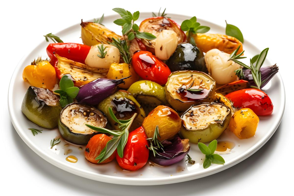 A platter of grilled vegetables with olive oil and herbs, close-up, white background, realism, hd, 35mm photograph, sharp, sharpened, 8k picture