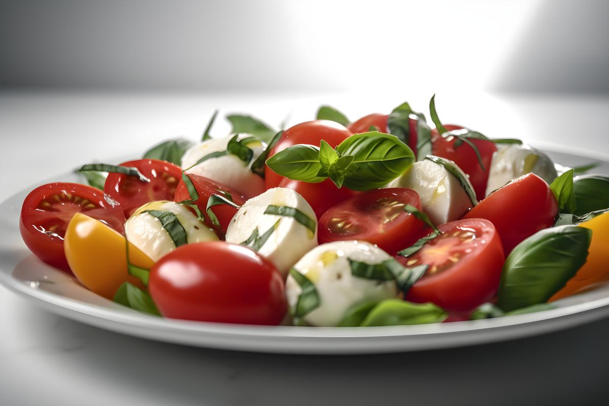 A platter of Italian-style caprese salad with tomatoes and mozzarella, close-up, white background, realism, hd, 35mm photograph, sharp, sharpened, 8k picture