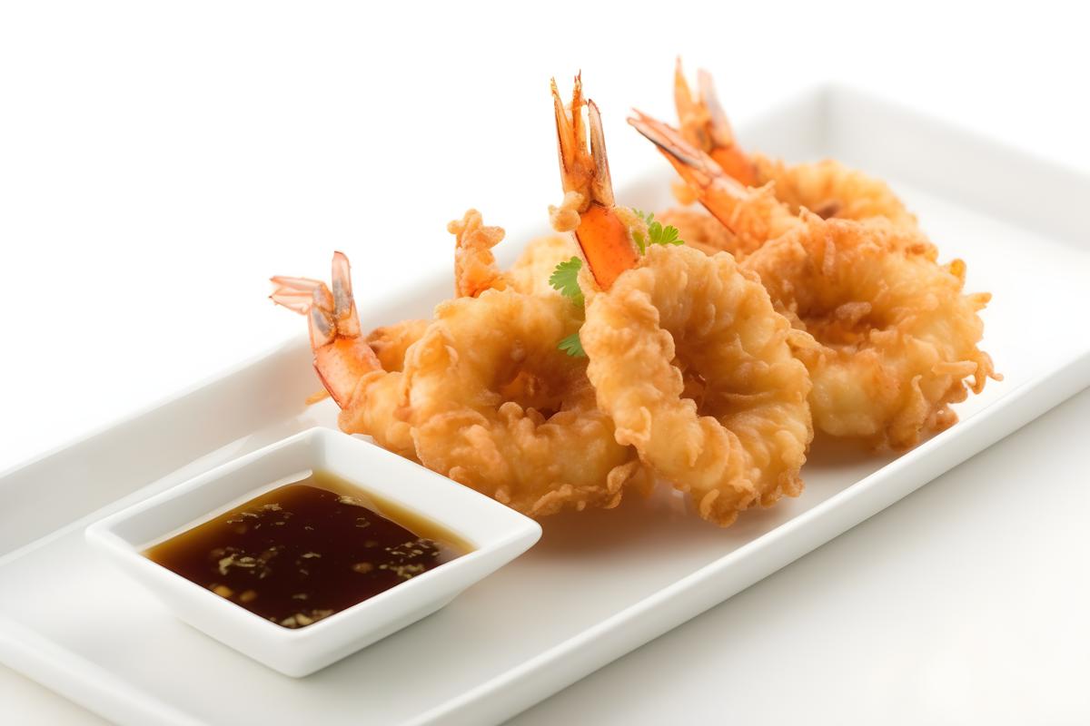 A tray of crispy tempura shrimp with dipping sauce., close-up, white background, realism, hd, 35mm photograph, sharp, sharpened, 8k picture