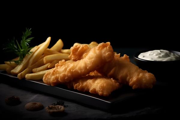 A tray of crispy fish and chips with tartar sauce, macro close-up, black background, realism, hd, 35mm photograph, sharp, sharpened, 8k