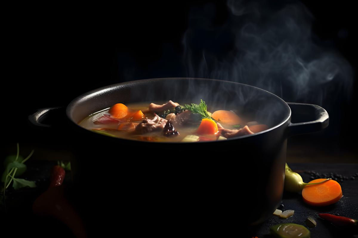 A pot of steaming hot soup with vegetables and meat, macro close-up, black background, realism, hd, 35mm photograph, sharp, sharpened, 8k picture