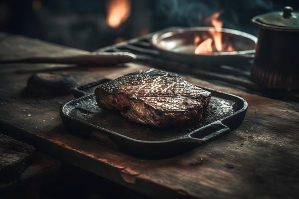 a piece of blackened argentine meet grilled, sitting on a rustic style table realistic, realism, hd, 35mm photograph, sharp, sharpened, 8k