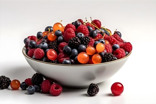 A bowl of colorful fresh berries on a white background, close-up, white background, realism, hd, 35mm photograph, sharp, sharpened, 8k