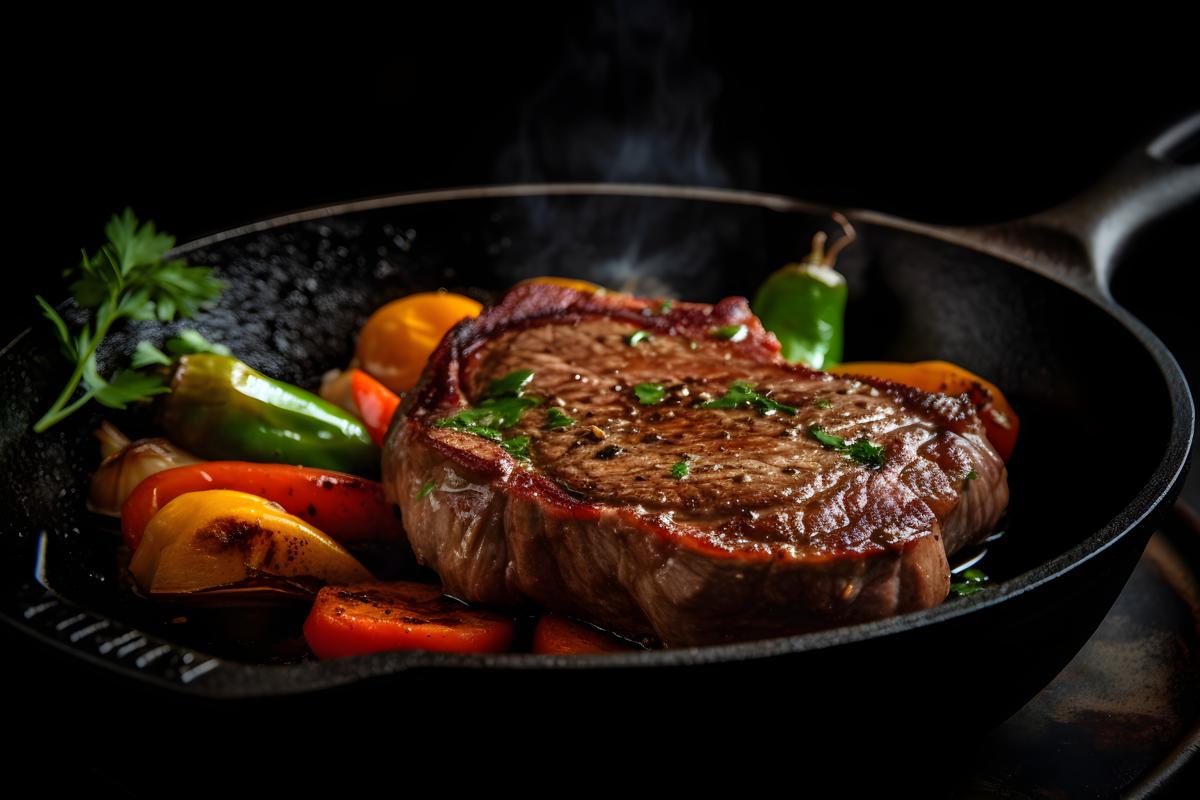 Sizzling steak on a cast-iron skillet with vegetables, macro close-up, black background, realism, hd, 35mm photograph, sharp, sharpened, 8k picture