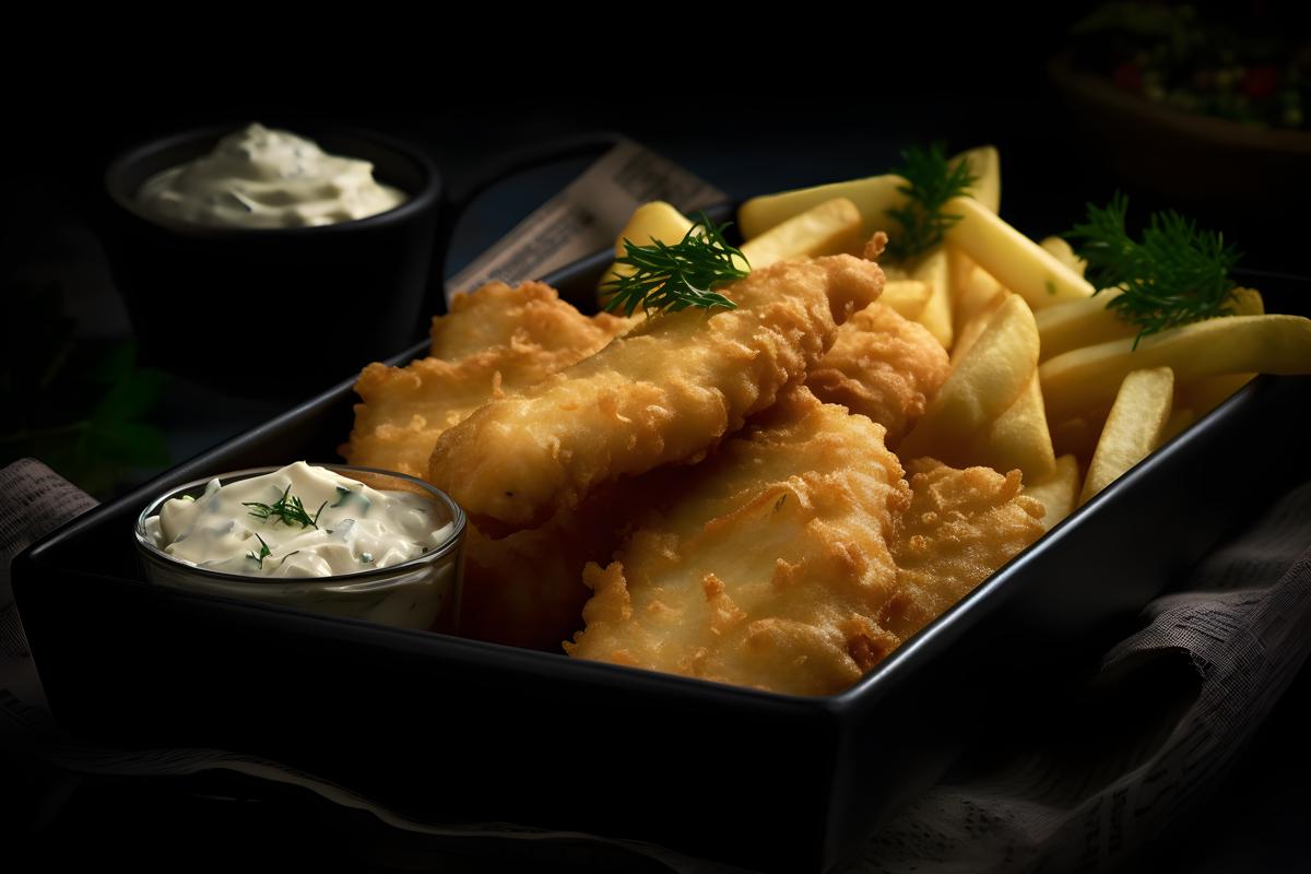 A tray of crispy fish and chips with tartar sauce, macro close-up, black background, realism, hd, 35mm photograph, sharp, sharpened, 8k picture