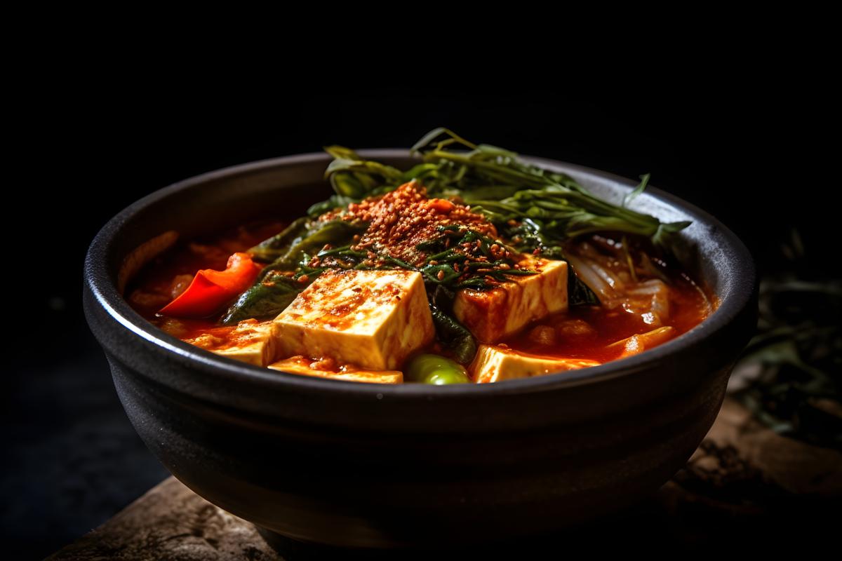 A bowl of spicy kimchi stew with tofu and vegetables, macro close-up, black background, realism, hd, 35mm photograph, sharp, sharpened, 8k picture