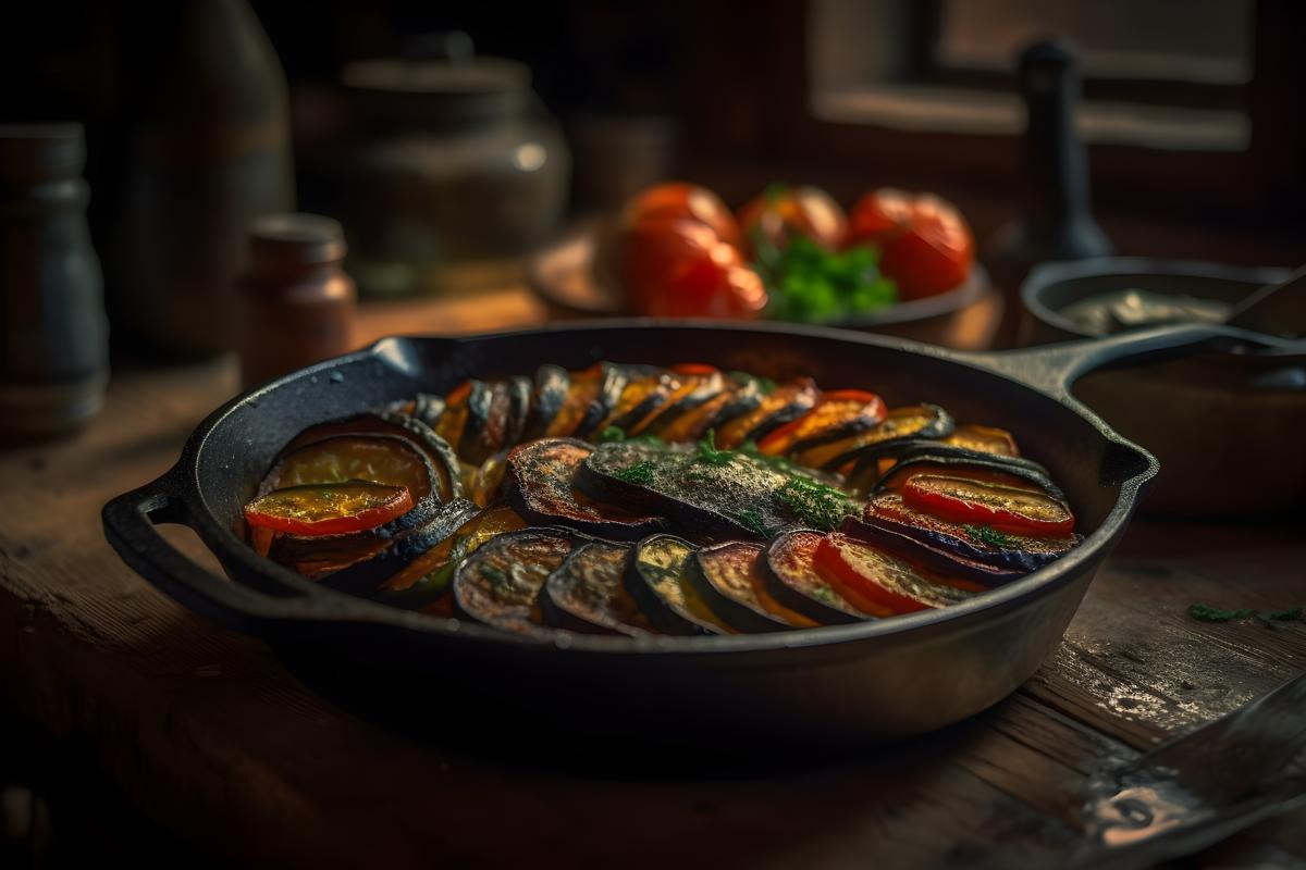 blackened ratatouille, sitting on a rustic style table realistic, realism, hd, 35mm photograph, sharp, sharpened, 8k picture