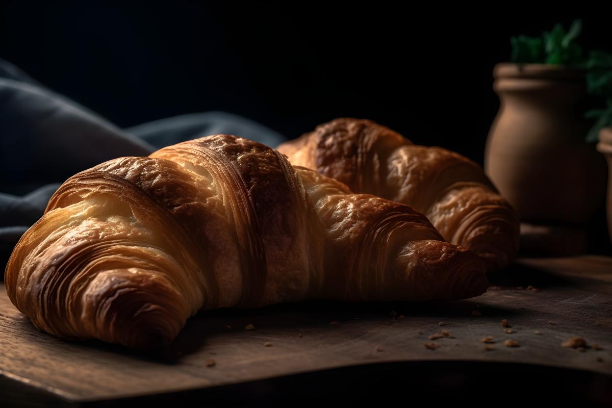 Freshly baked croissants on a wooden table, macro close-up, black background, realism, hd, 35mm photograph, sharp, sharpened, 8k picture
