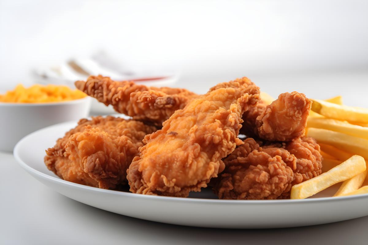 A plate of crispy fried chicken with french fries, close-up, white background, realism, hd, 35mm photograph, sharp, sharpened, 8k picture