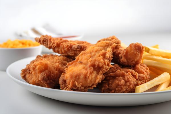 A plate of crispy fried chicken with french fries, close-up, white background, realism, hd, 35mm photograph, sharp, sharpened, 8k