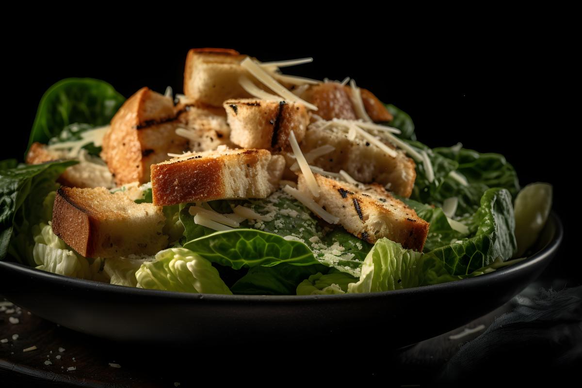 A plate of grilled chicken Caesar salad with croutons, macro close-up, black background, realism, hd, 35mm photograph, sharp, sharpened, 8k picture