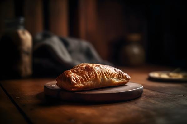 a piece of empanada argentina, sitting on a rustic style table realistic, realism, hd, 35mm photograph, sharp, sharpened, 8k