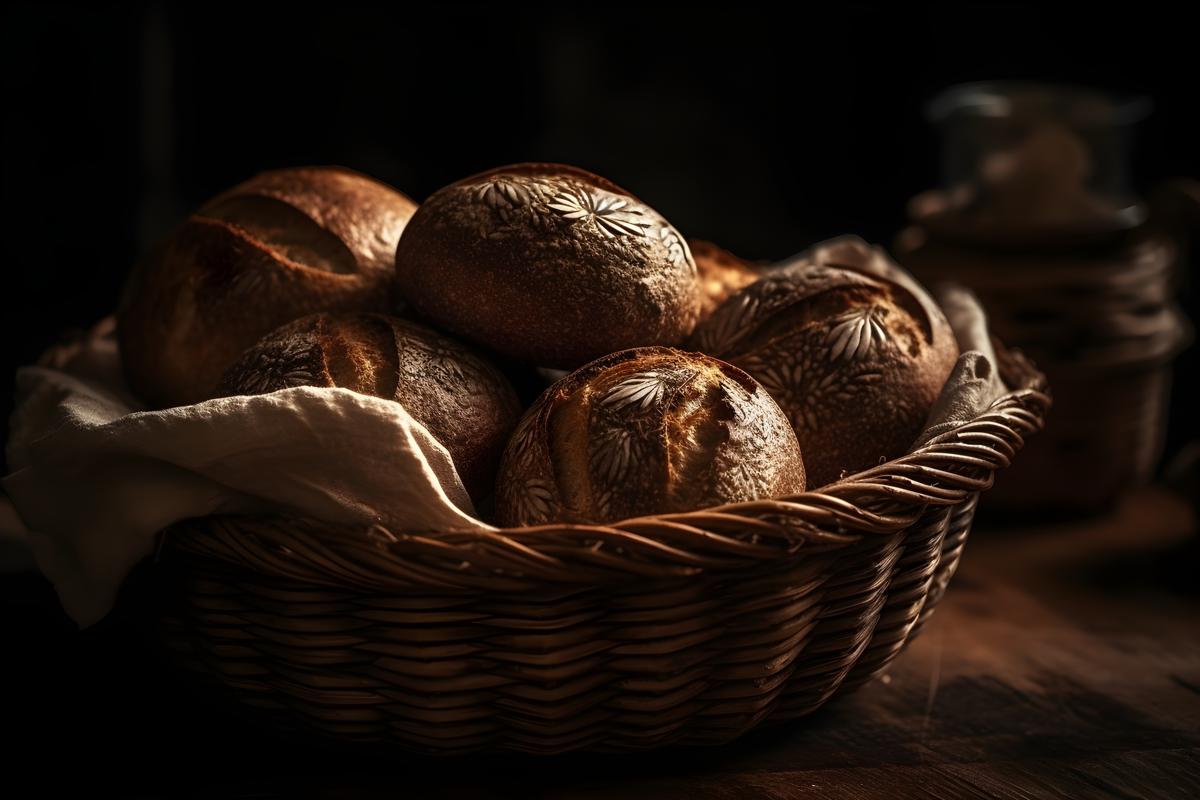 A basket of freshly baked bread on a wooden table, macro close-up, black background, realism, hd, 35mm photograph, sharp, sharpened, 8k picture