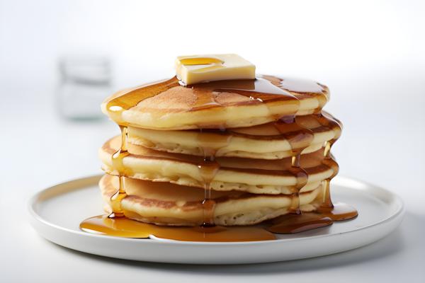 A stack of fluffy pancakes with maple syrup and butter, close-up, white background, realism, hd, 35mm photograph, sharp, sharpened, 8k