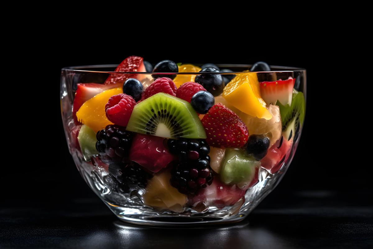 A colorful fruit salad in a glass bowl, macro close-up, black background, realism, hd, 35mm photograph, sharp, sharpened, 8k picture