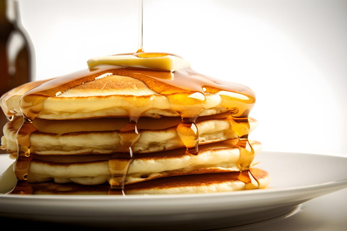 A stack of fluffy pancakes with maple syrup and butter, close-up, white background, realism, hd, 35mm photograph, sharp, sharpened, 8k picture