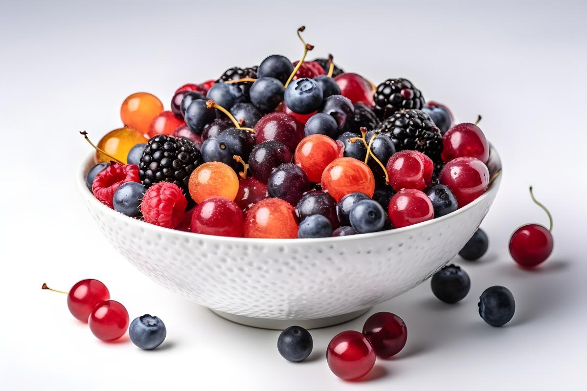 A bowl of colorful fresh berries on a white background, close-up, white background, realism, hd, 35mm photograph, sharp, sharpened, 8k picture