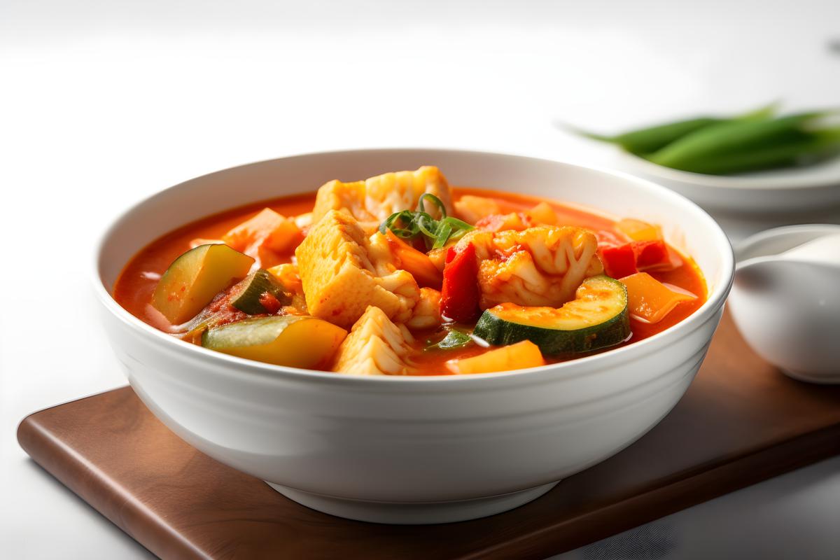 A bowl of spicy kimchi stew with tofu and vegetables, close-up, white background, realism, hd, 35mm photograph, sharp, sharpened, 8k picture