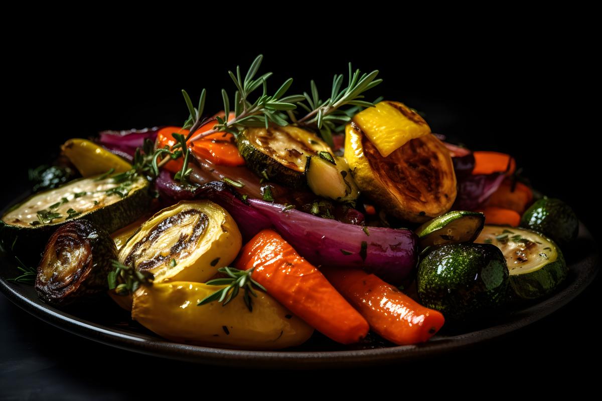 A platter of grilled vegetables with olive oil and herbs, macro close-up, black background, realism, hd, 35mm photograph, sharp, sharpened, 8k picture