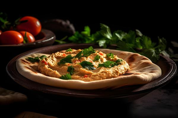 A platter of Mediterranean-style hummus with pita bread, macro close-up, black background, realism, hd, 35mm photograph, sharp, sharpened, 8k