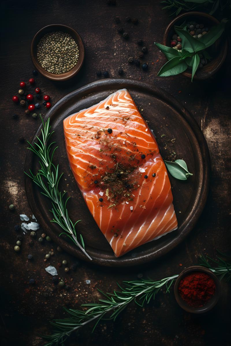 top view Raw salmon steak and spices, sitting on a rustic style table realistic, black background realism, hd, 35mm photograph, sharp, sharpened, 8k picture