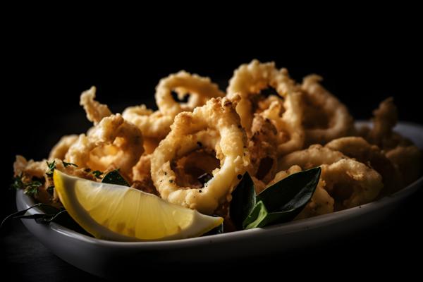 A tray of crispy fried calamari with lemon and aioli sauce, macro close-up, black background, realism, hd, 35mm photograph, sharp, sharpened, 8k