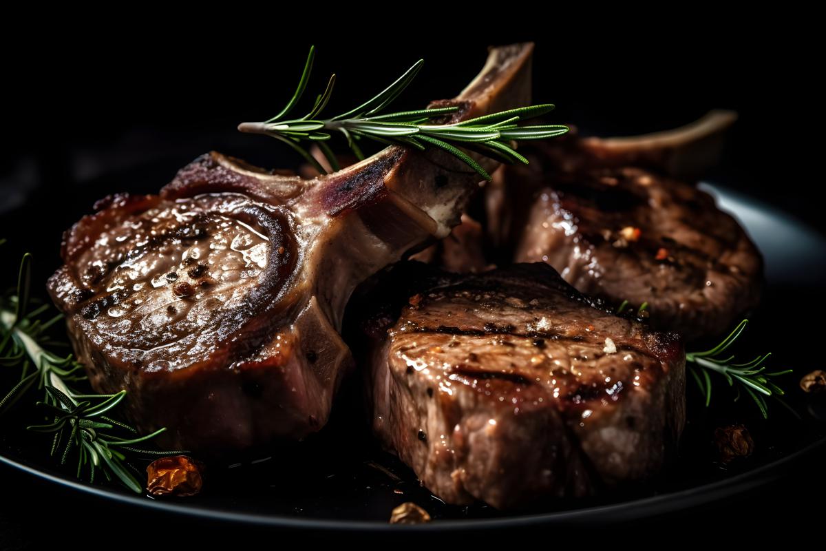 A plate of grilled lamb chops with rosemary and garlic, macro close-up, black background, realism, hd, 35mm photograph, sharp, sharpened, 8k picture