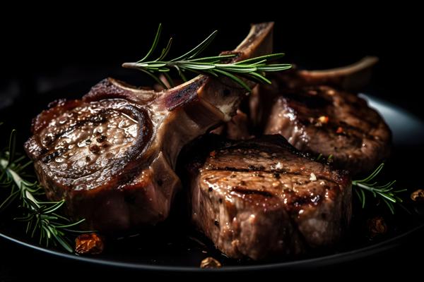 A plate of grilled lamb chops with rosemary and garlic, macro close-up, black background, realism, hd, 35mm photograph, sharp, sharpened, 8k