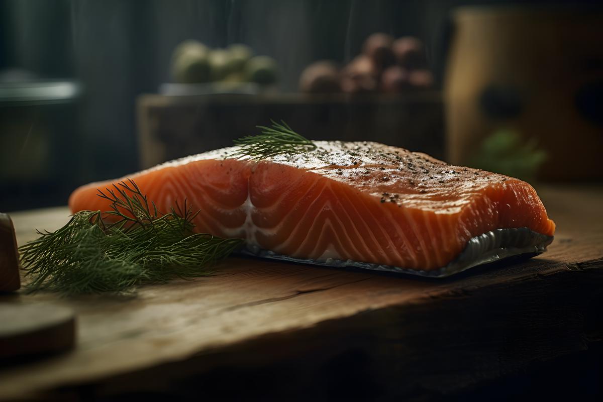 a piece of raw salmon and dill, sitting on a rustic style table realistic, realism, hd, 35mm photograph, sharp, sharpened, 8k picture