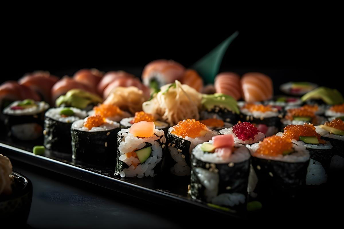 A tray of assorted sushi rolls with wasabi and ginger, macro close-up, black background, realism, hd, 35mm photograph, sharp, sharpened, 8k picture