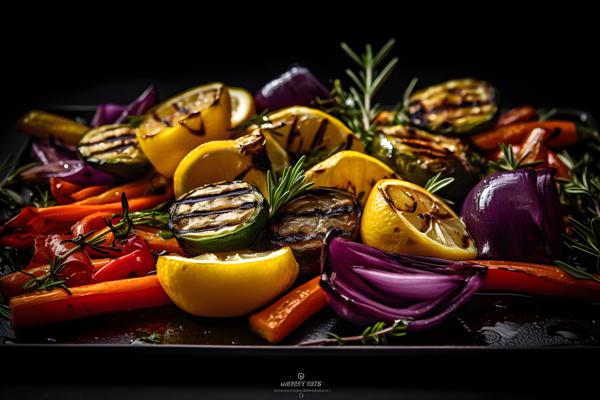 A platter of grilled vegetables with olive oil and herbs, macro close-up, black background, realism, hd, 35mm photograph, sharp, sharpened, 8k